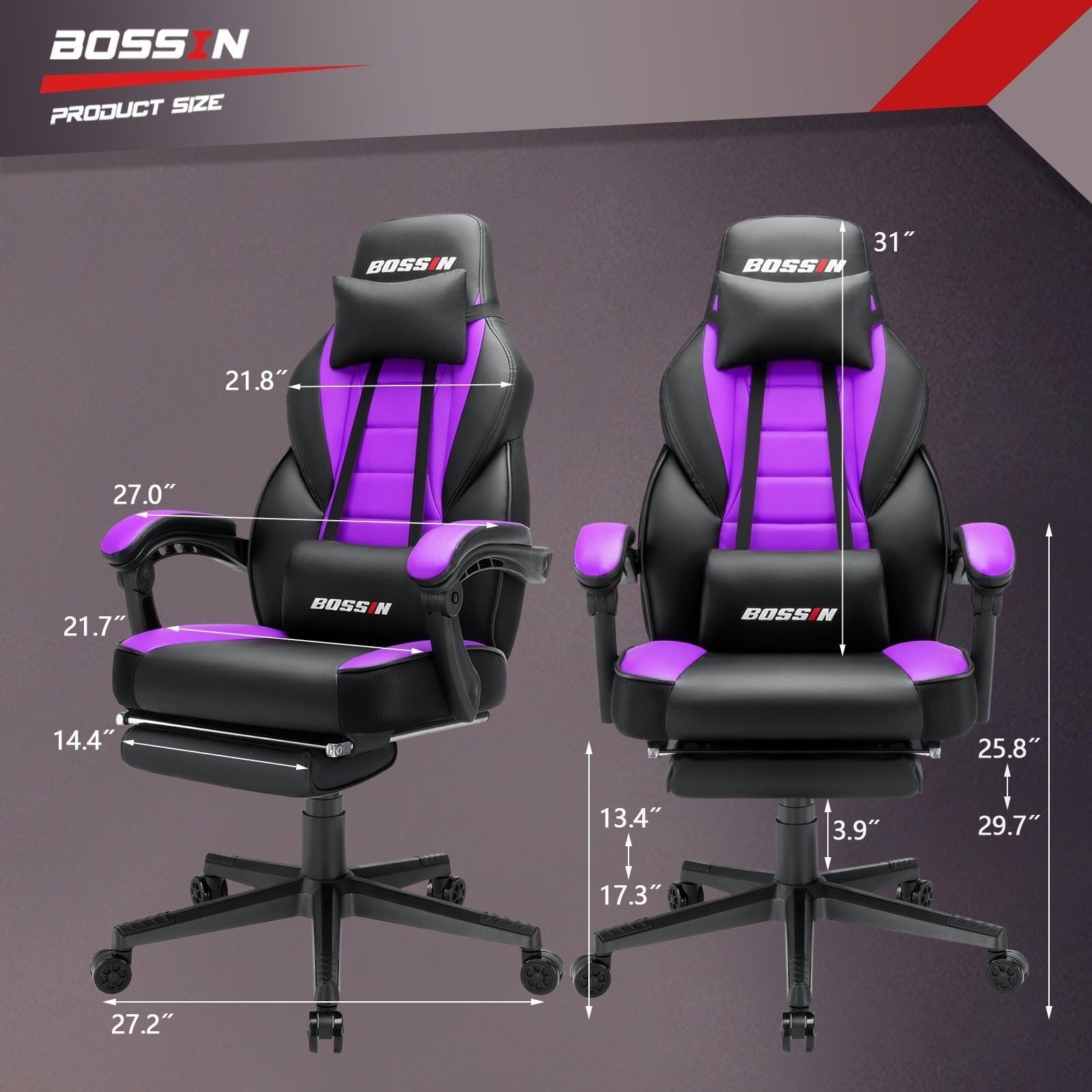 Chaise de jeu BOSSIN style racing, chaise de jeu grande taille (136 kg) avec dossier haut