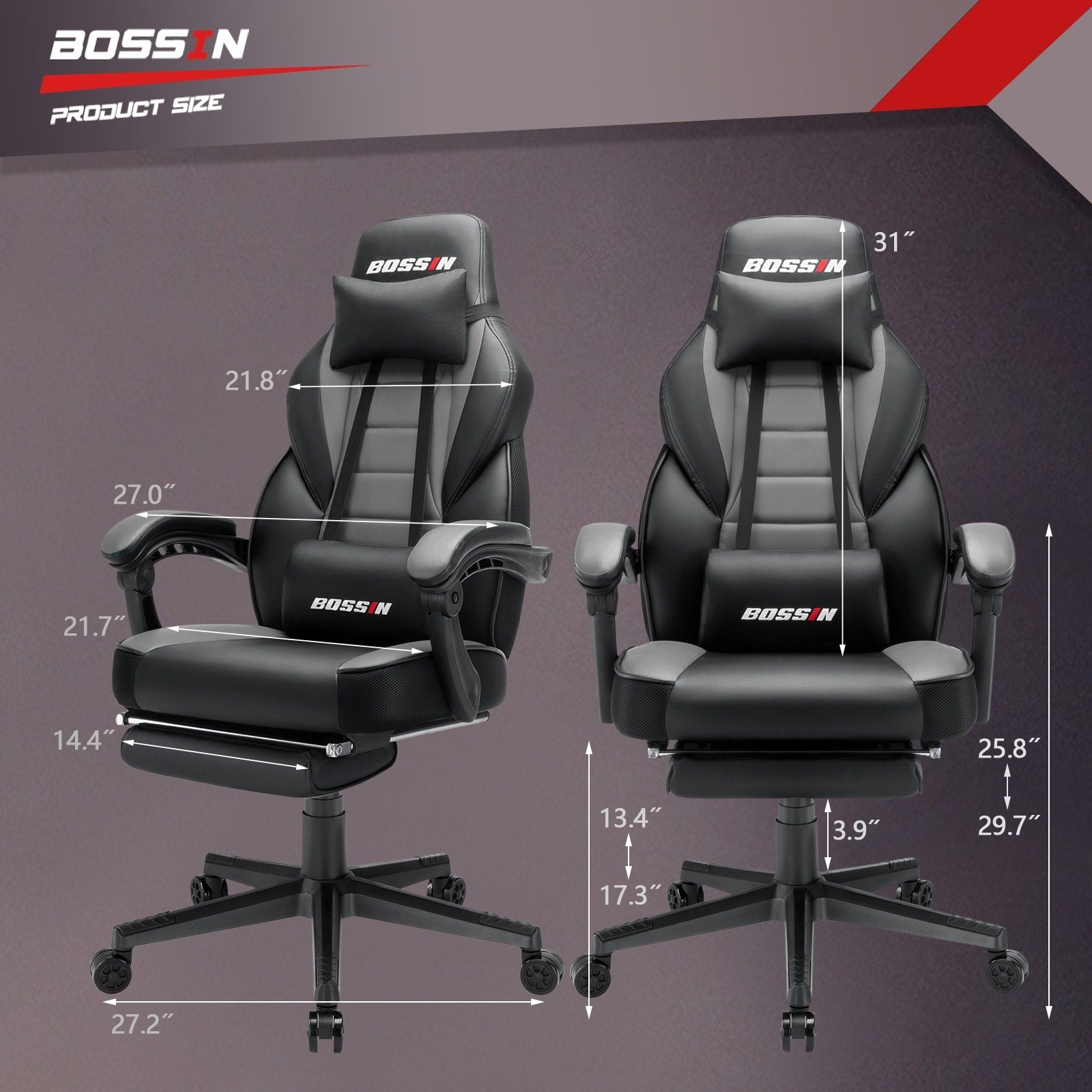 Chaise de jeu BOSSIN style racing, chaise de jeu grande taille (136 kg) avec dossier haut