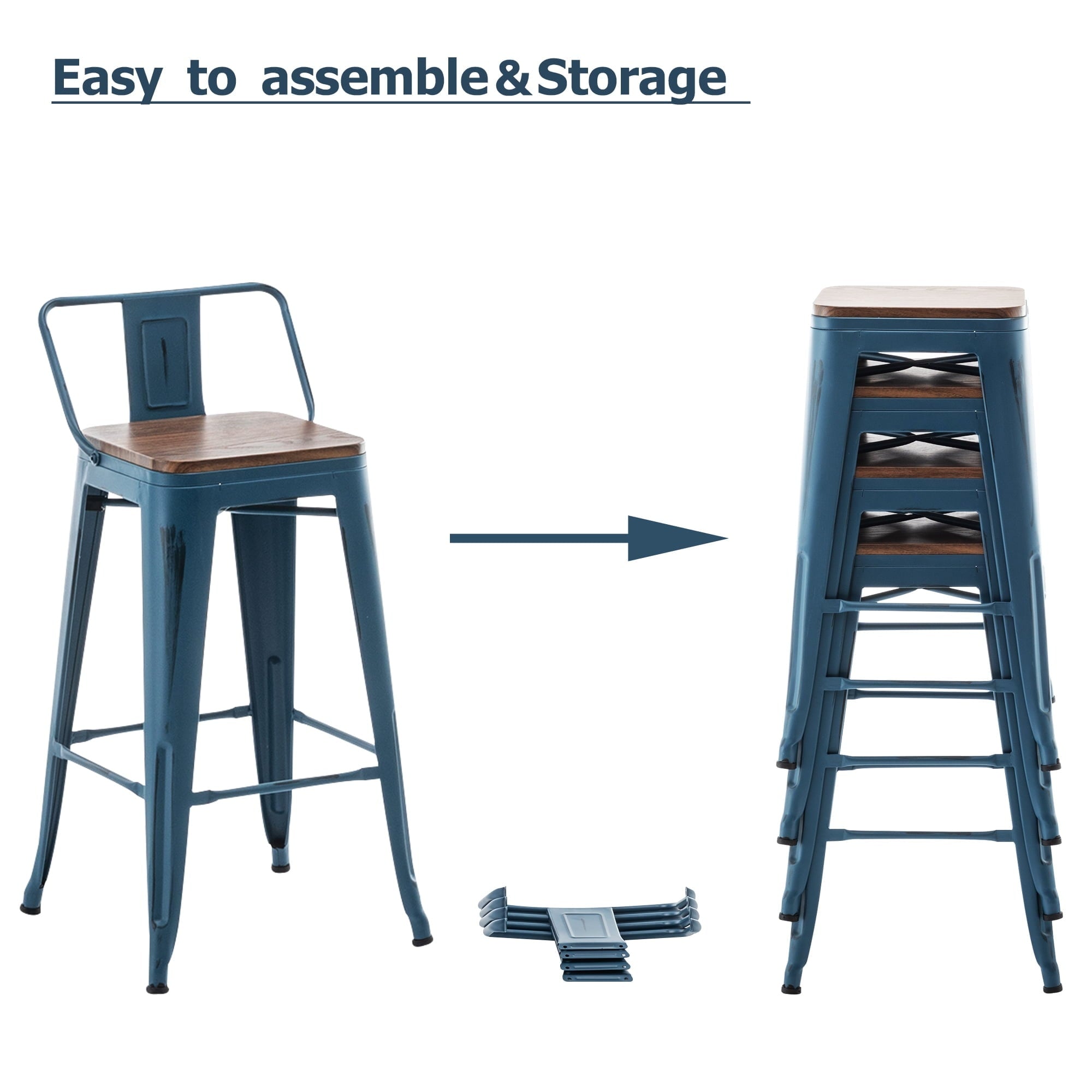 Ensemble de 4 tabourets de bar industriels en métal avec dossier et assise en bois