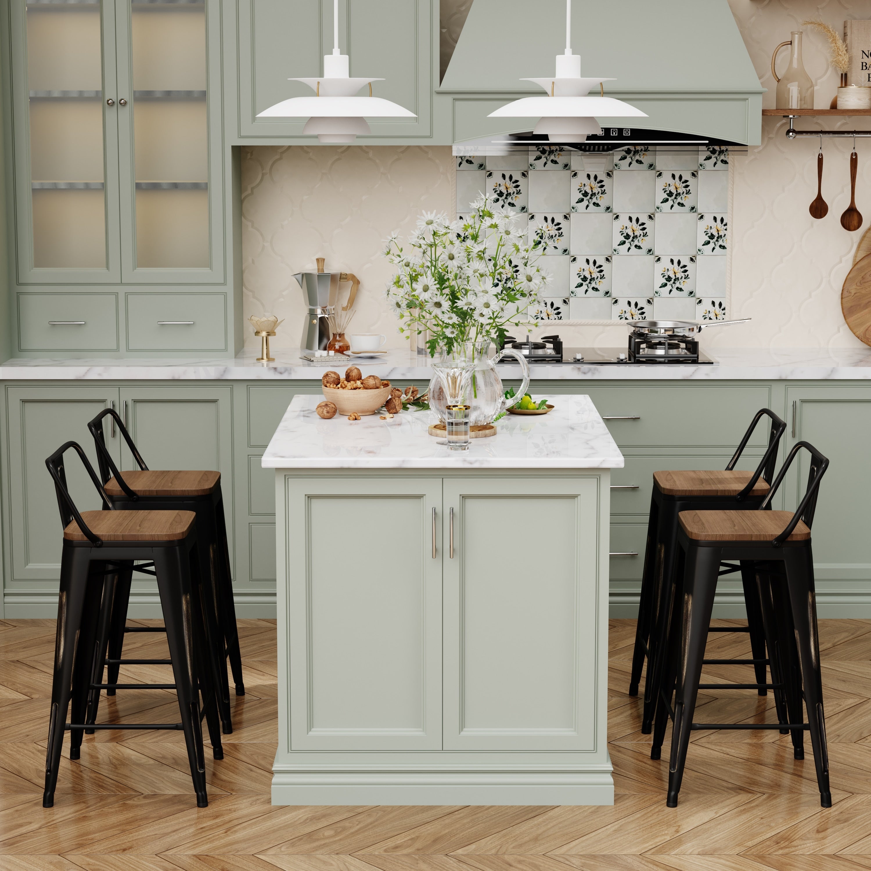 Ensemble de 4 tabourets de bar industriels en métal avec dossier et assise en bois