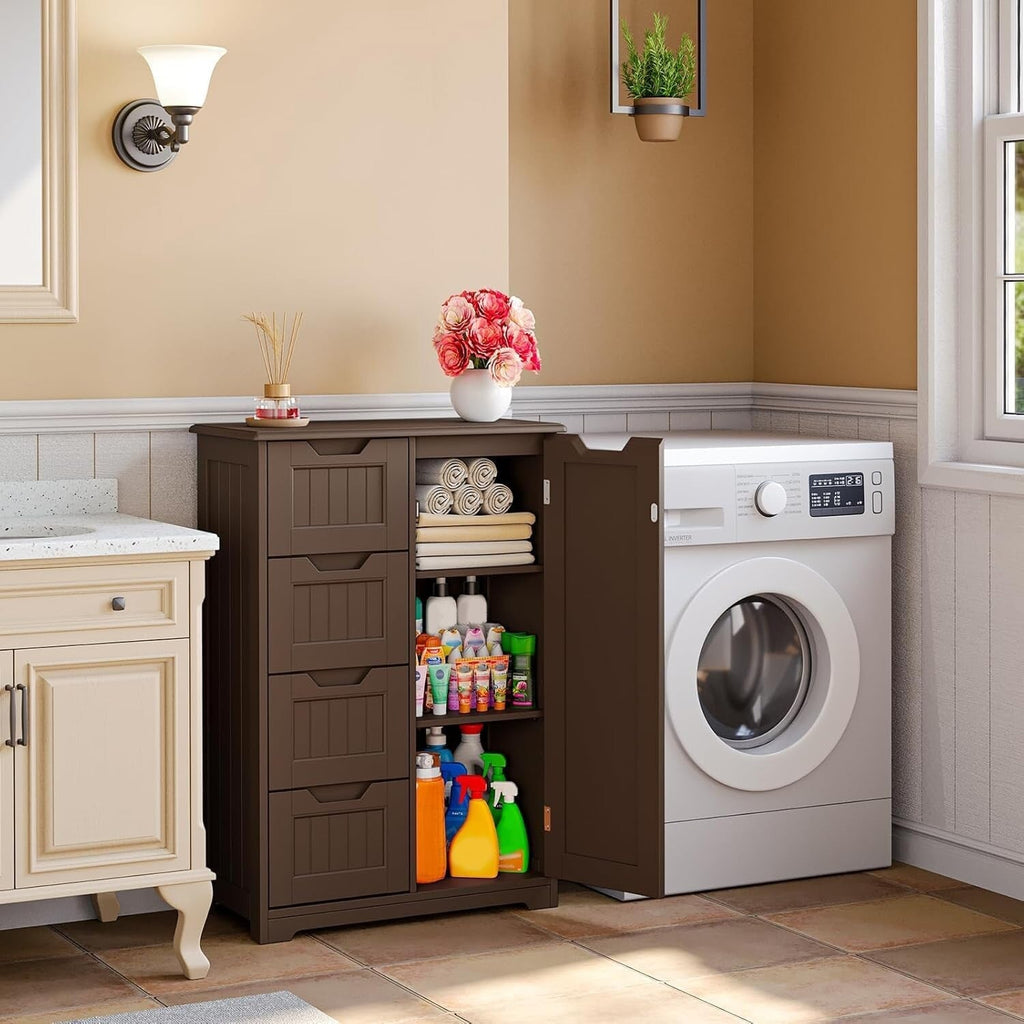 Meuble de rangement de sol pour salle de bain, meuble de rangement autoportant avec 4 tiroirs et étagère réglable