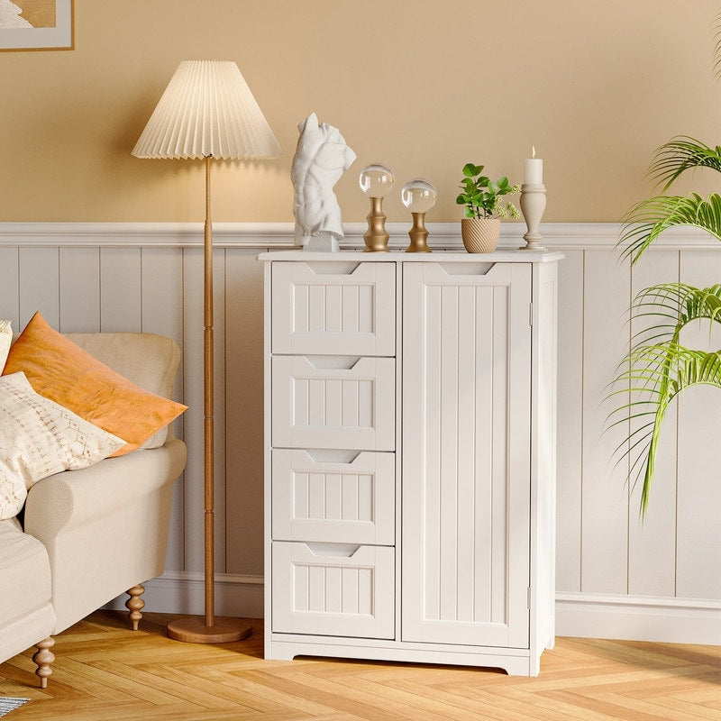 Meuble de rangement de sol pour salle de bain, meuble de rangement autoportant avec 4 tiroirs et étagère réglable