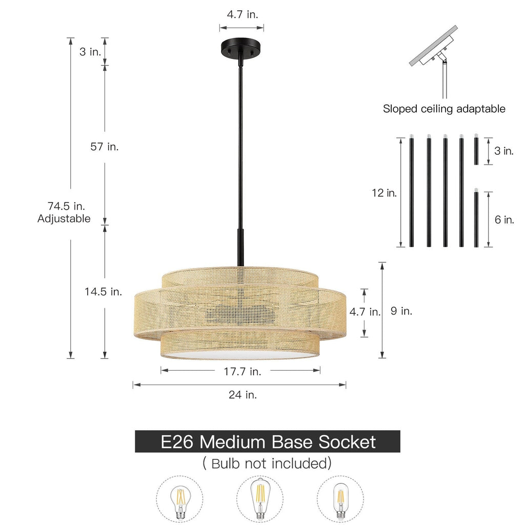 Lustre tambour côtier noir Bayou à 5 lumières avec double abat-jour en rotin - 61 cm (24 po) de large