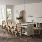 Tabouret de bar bohème Beacon en boucle, chaise de comptoir rembourrée avec structure en bois massif et dossier en jonc de mer tressé