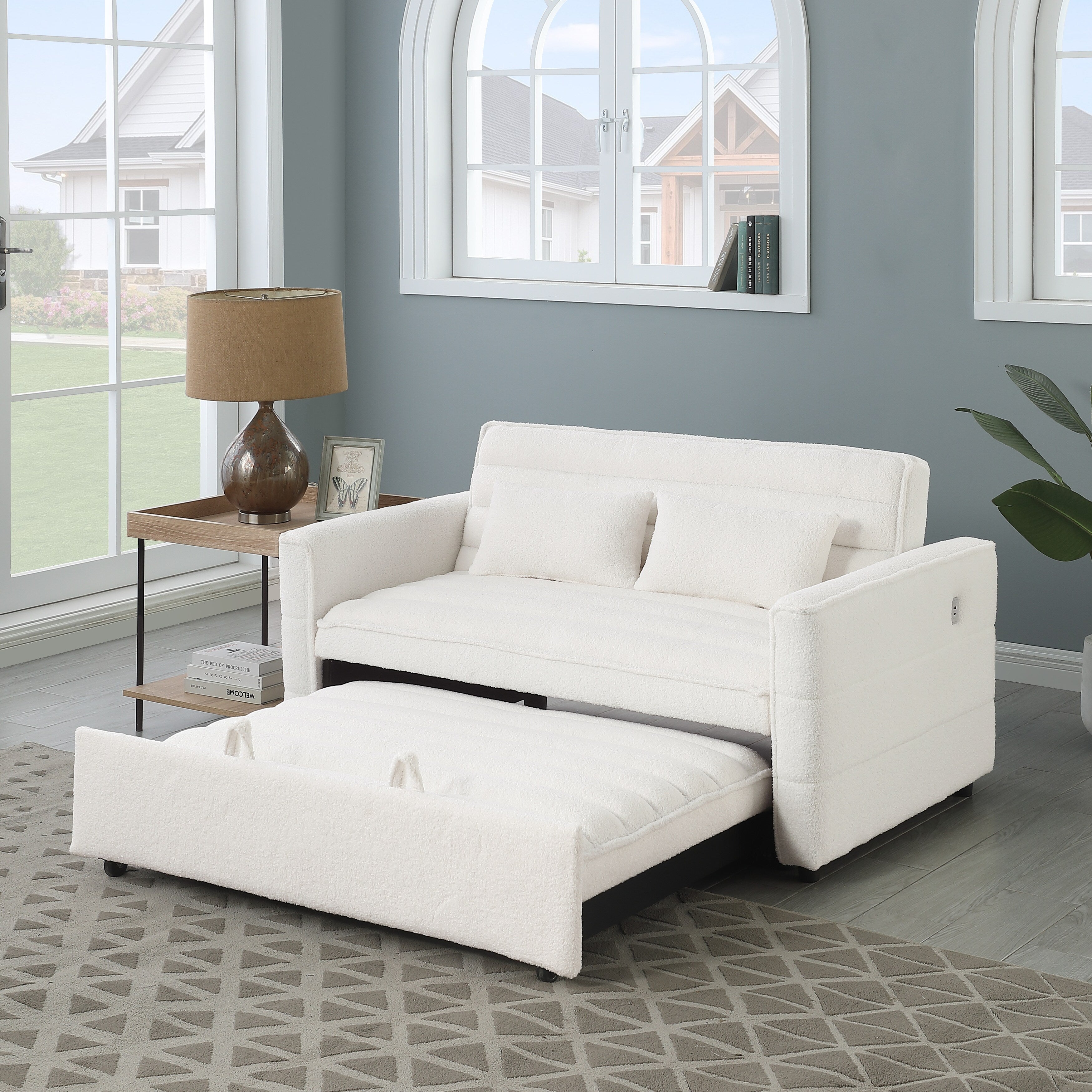 Canapé-lit convertible deux places en tissu bouclé beige 55,12 avec dossier réglable et 2 coussins lombaires pour salon