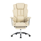 Fauteuil de bureau ergonomique pivotant à 360° en cuir reconstitué beige, dossier haut, soutien lombaire, repose-pieds et hauteur réglable.