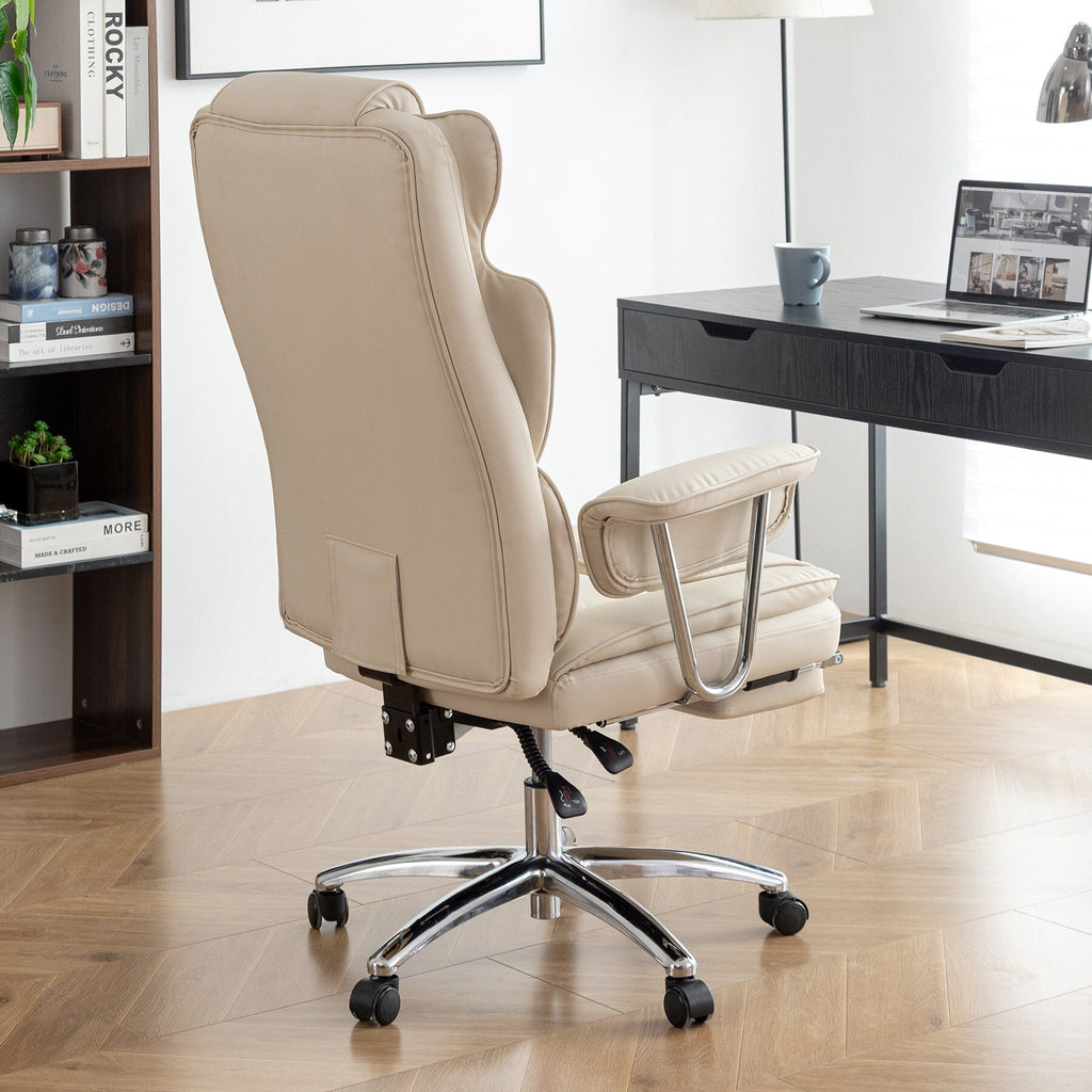 Fauteuil de bureau ergonomique pivotant à 360° en cuir reconstitué beige, dossier haut, soutien lombaire, repose-pieds et hauteur réglable.