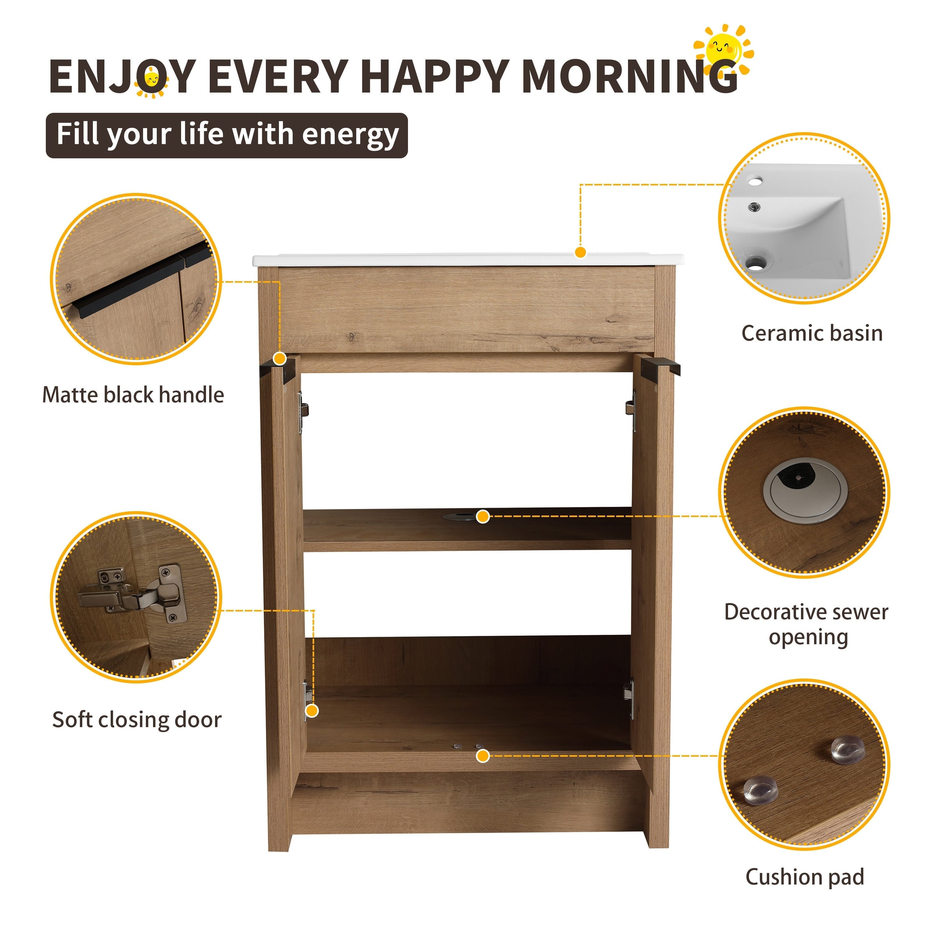 Meuble-lavabo Beingnext 24/30/36 avec vasque, meuble-lavabo autoportant avec porte à fermeture douce et étagère réglable