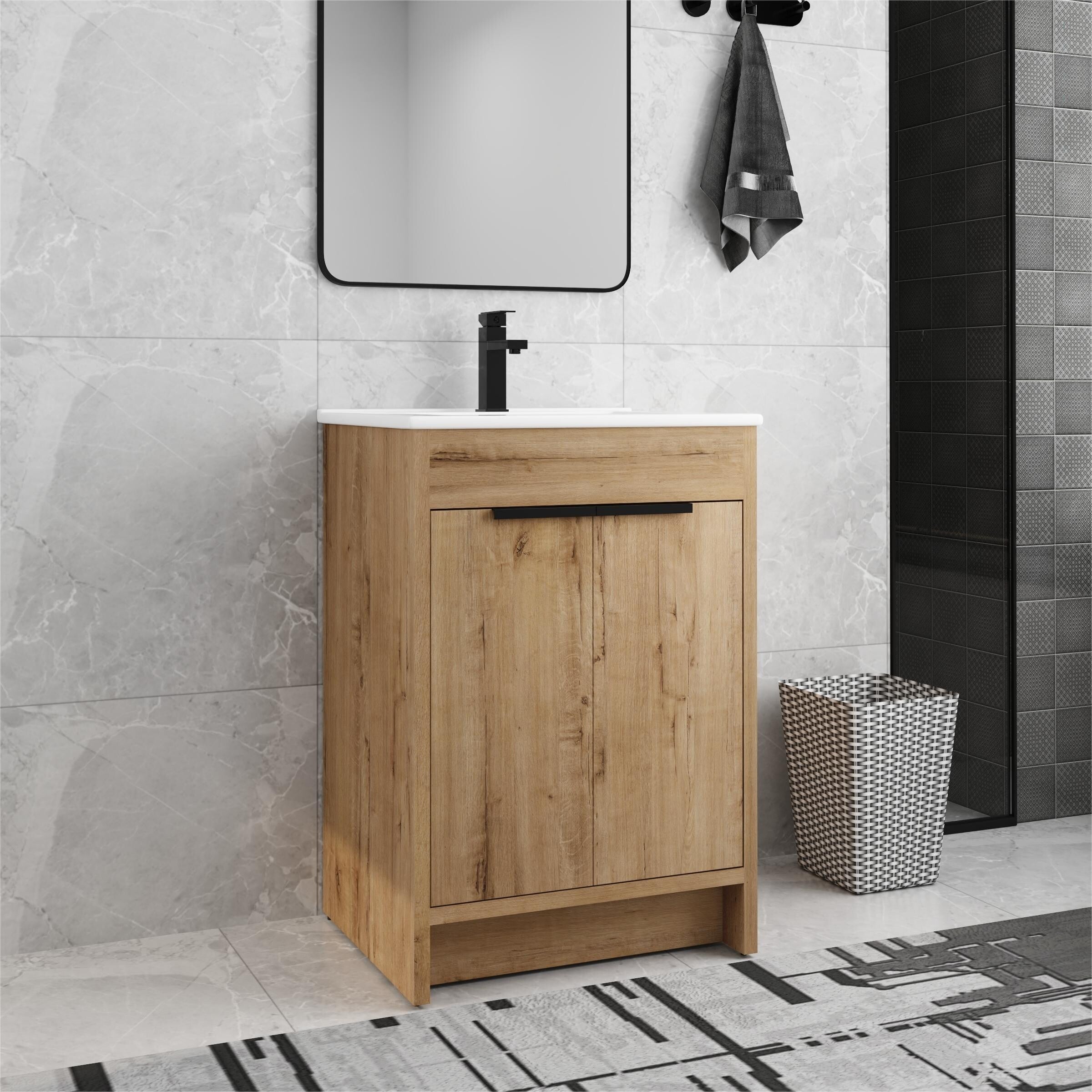 Meuble-lavabo Beingnext 24/30/36 avec vasque, meuble-lavabo autoportant avec porte à fermeture douce et étagère réglable