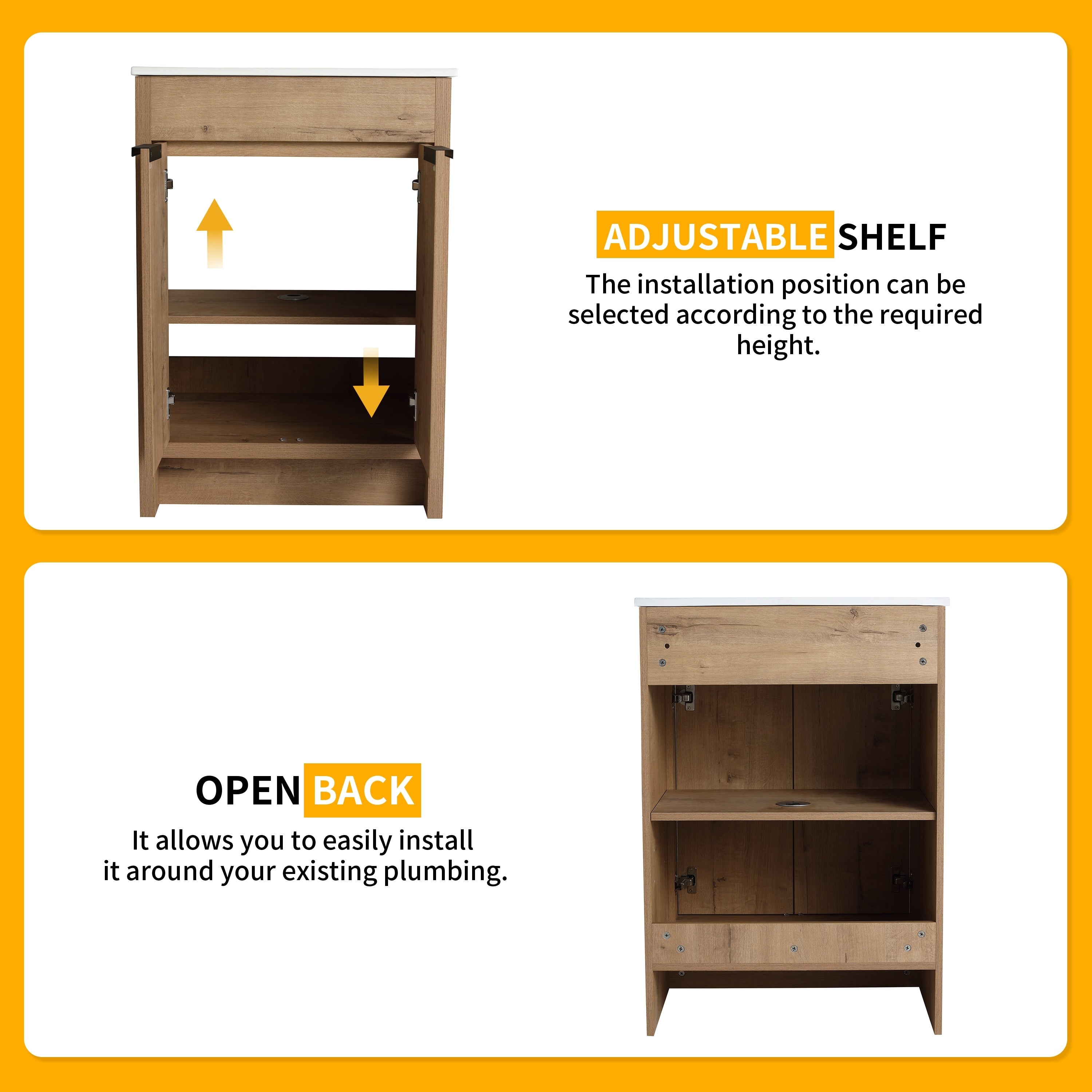 Meuble-lavabo Beingnext 24/30/36 avec vasque, meuble-lavabo autoportant avec porte à fermeture douce et étagère réglable