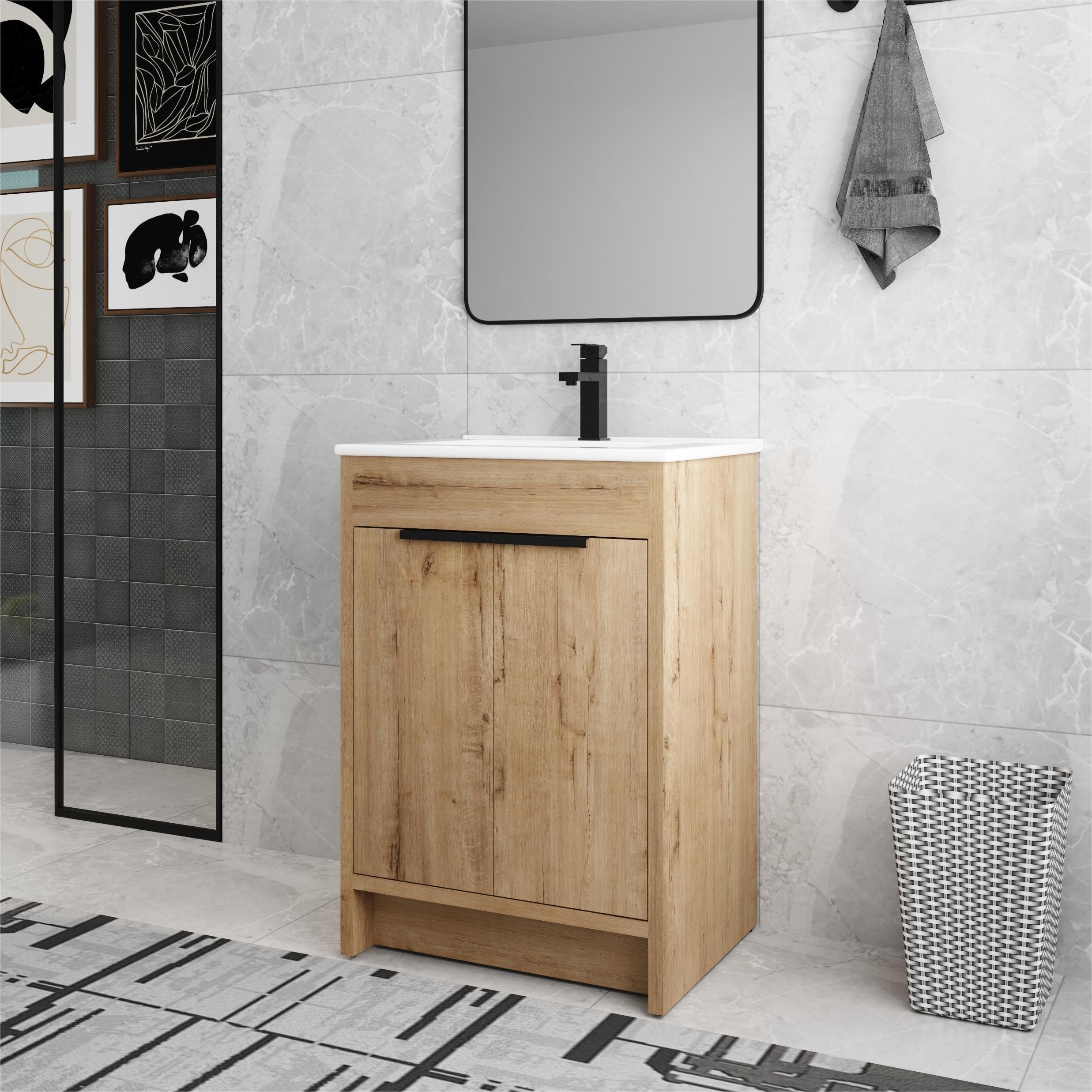 Meuble-lavabo Beingnext 24/30/36 avec vasque, meuble-lavabo autoportant avec porte à fermeture douce et étagère réglable