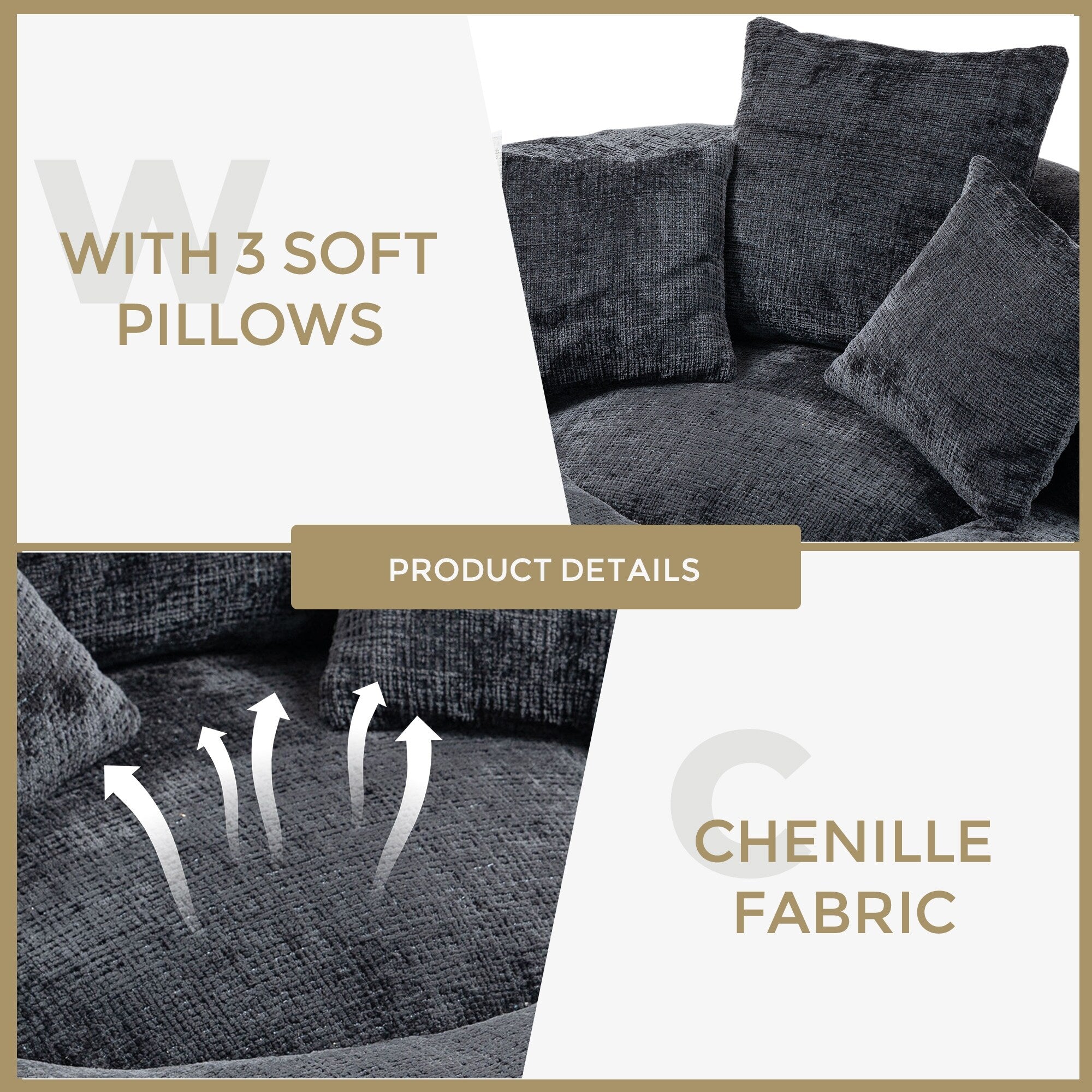 Pouf poire géant noir surdimensionné en chenille de 42,52 pouces avec trois coussins pour chambre à coucher