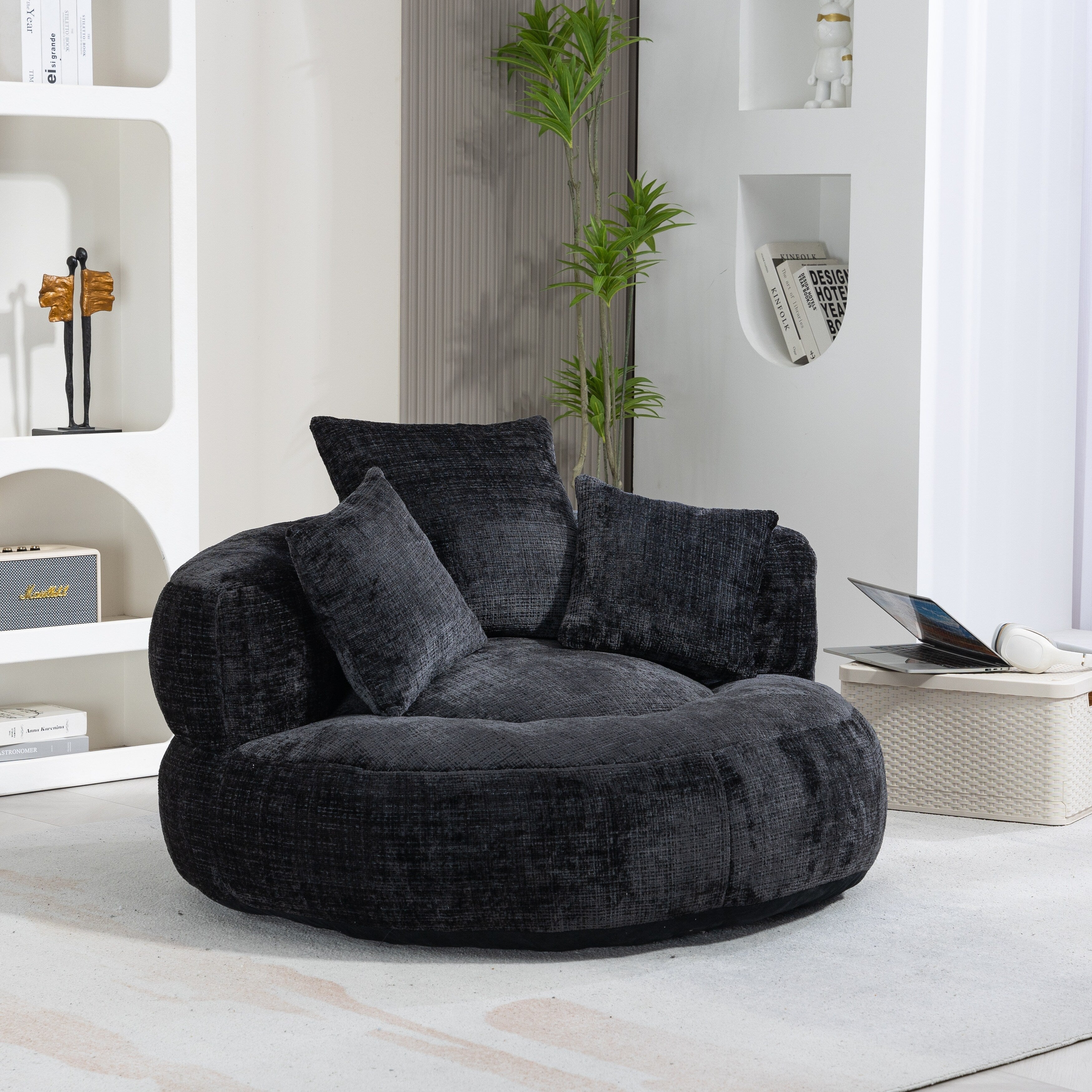 Pouf poire géant noir surdimensionné en chenille de 42,52 pouces avec trois coussins pour chambre à coucher