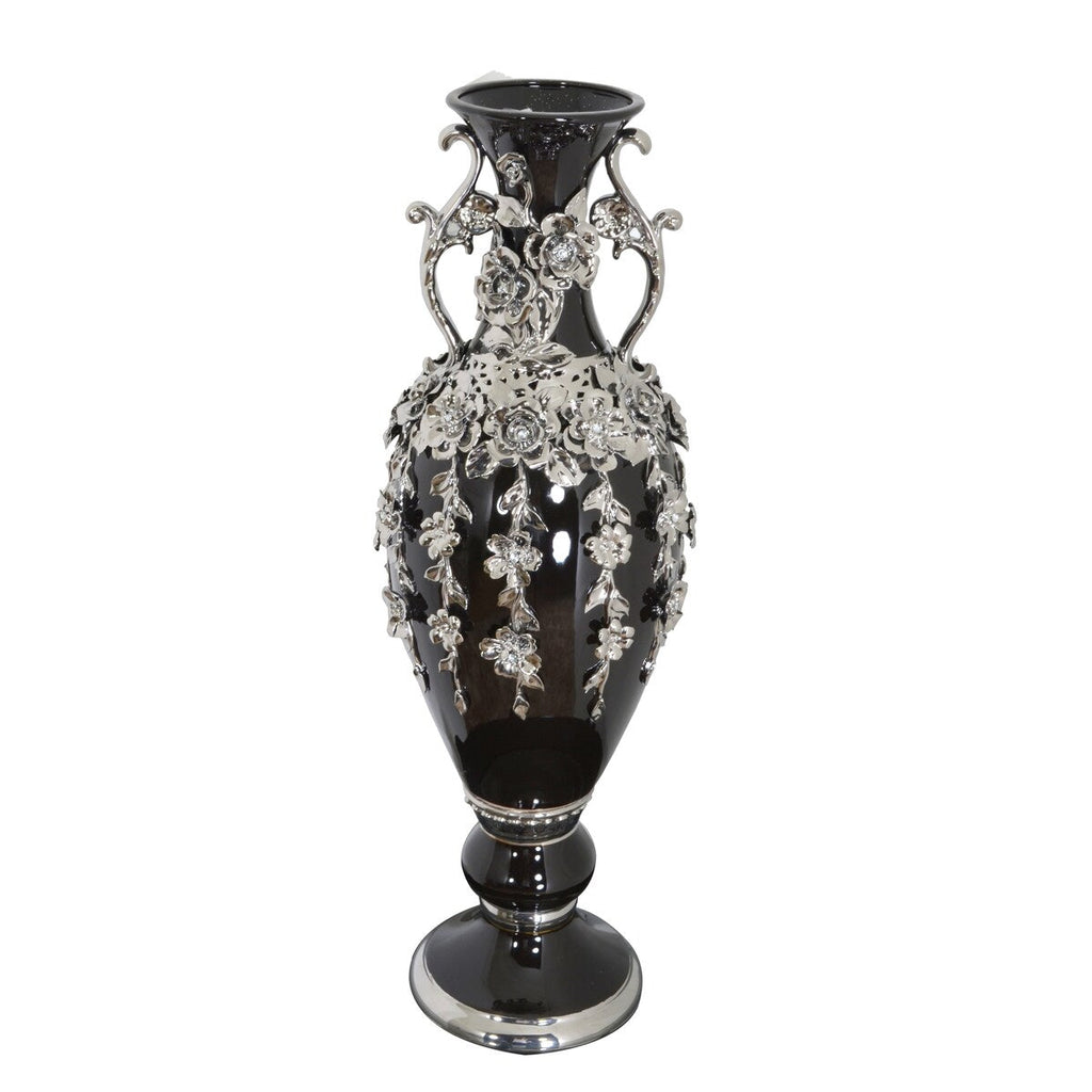 Vase fleuri noir et argent orné de pierres précieuses, 89 cm de haut