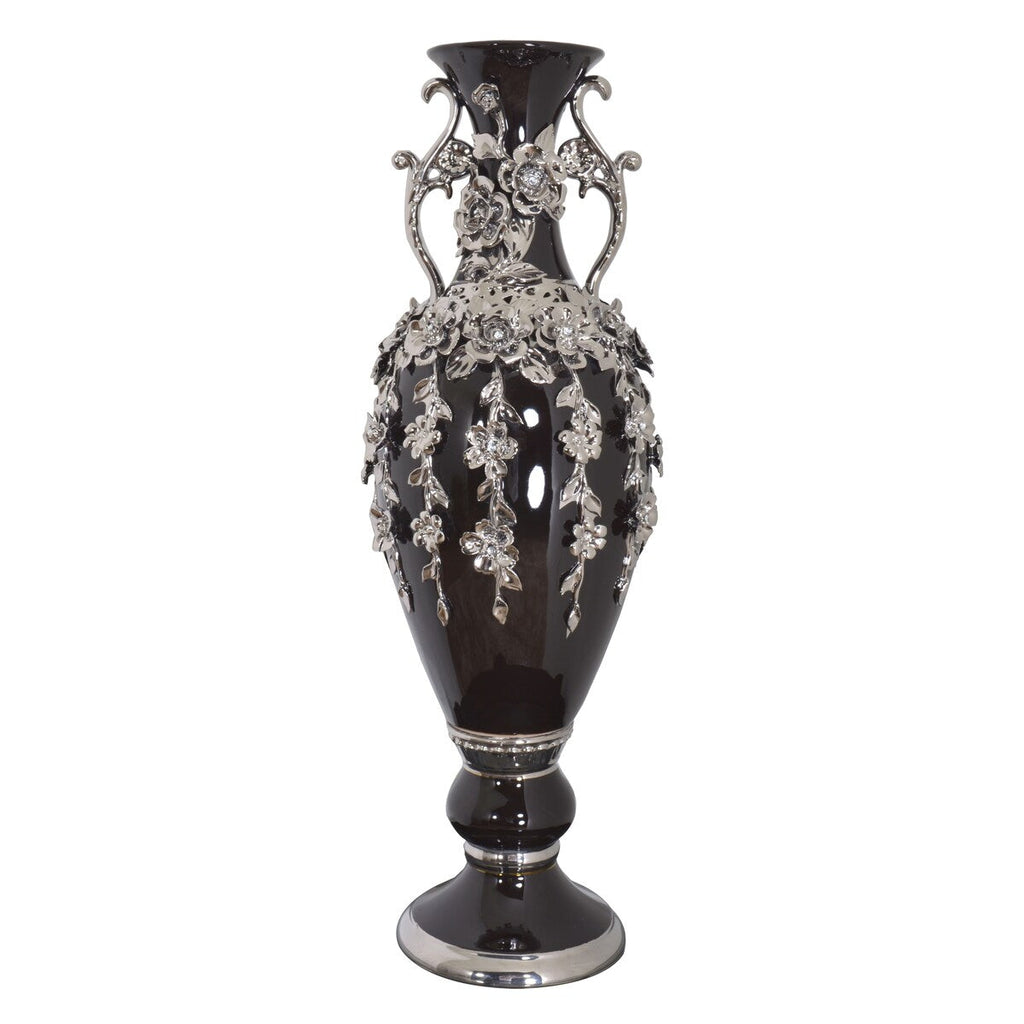 Vase fleuri noir et argent orné de pierres précieuses, 89 cm de haut