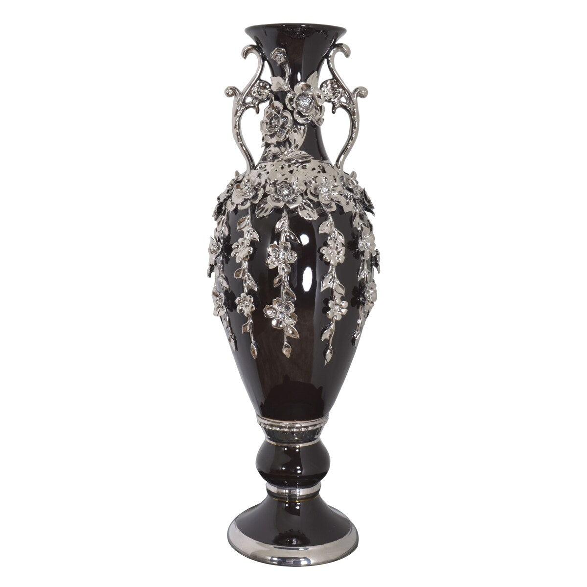 Vase fleuri noir et argent orné de pierres précieuses, 89 cm de haut