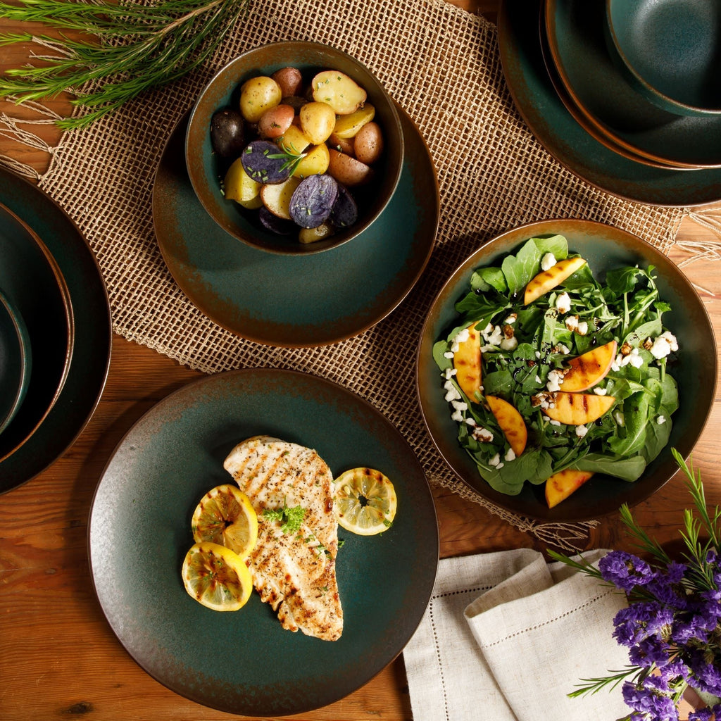 Service de table Bloomhouse Palermo Sun 16 pièces en grès à double bol et émail réactif