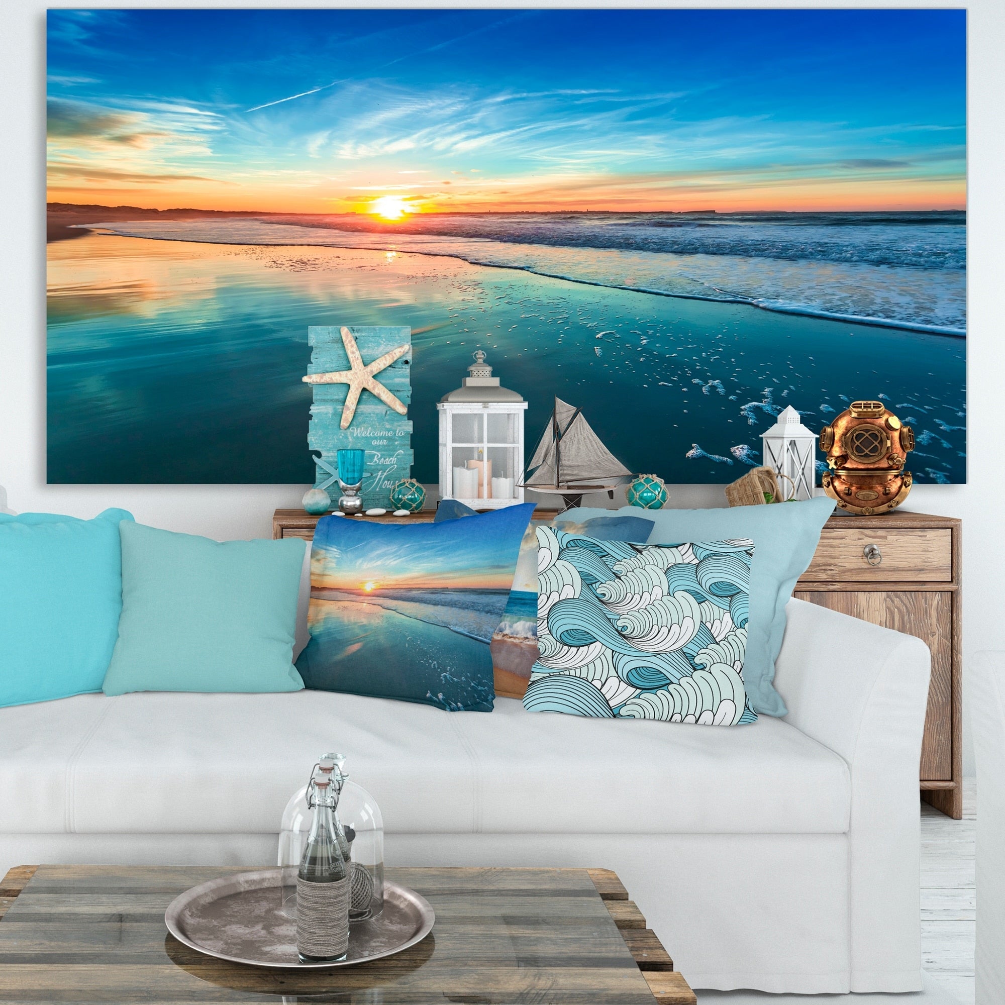 Bord de mer bleu avec coucher de soleil lointain - Tableau sur toile bord de mer