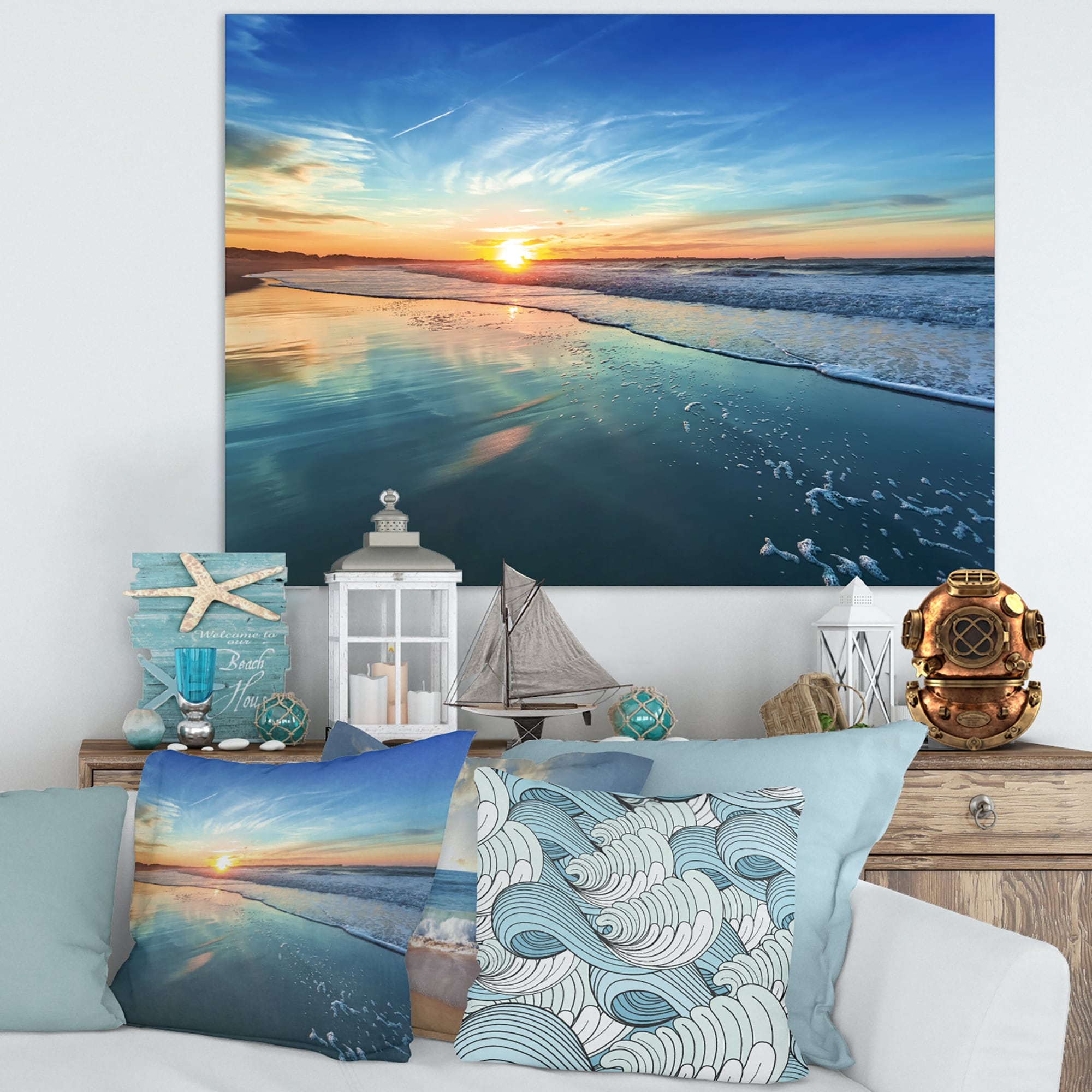 Bord de mer bleu avec coucher de soleil lointain - Tableau sur toile bord de mer