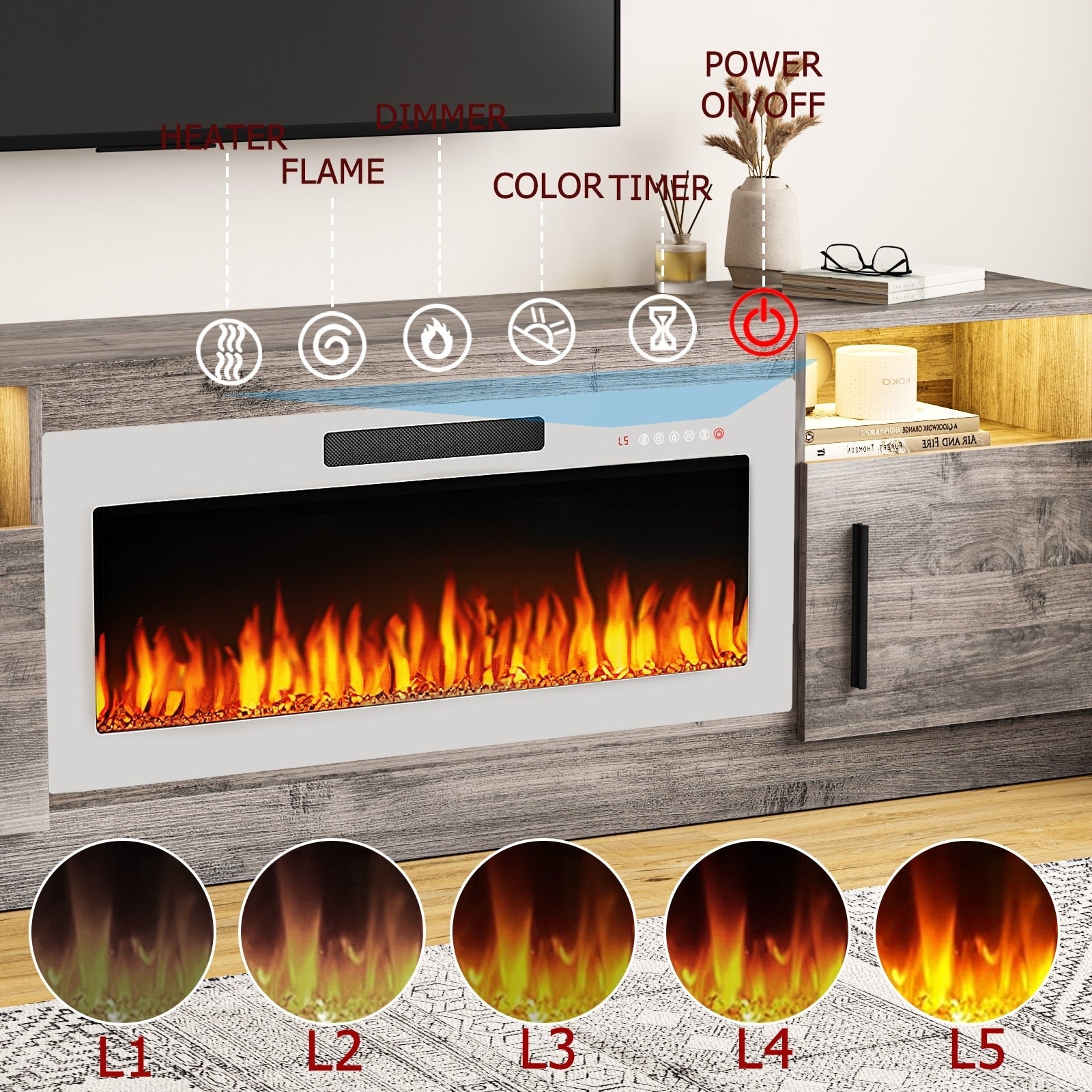 Meuble TV Bossin 70 avec cheminée électrique 36 pouces, compatible avec les téléviseurs jusqu'à 80 pouces, éclairage LED 16 couleurs/centre multimédia