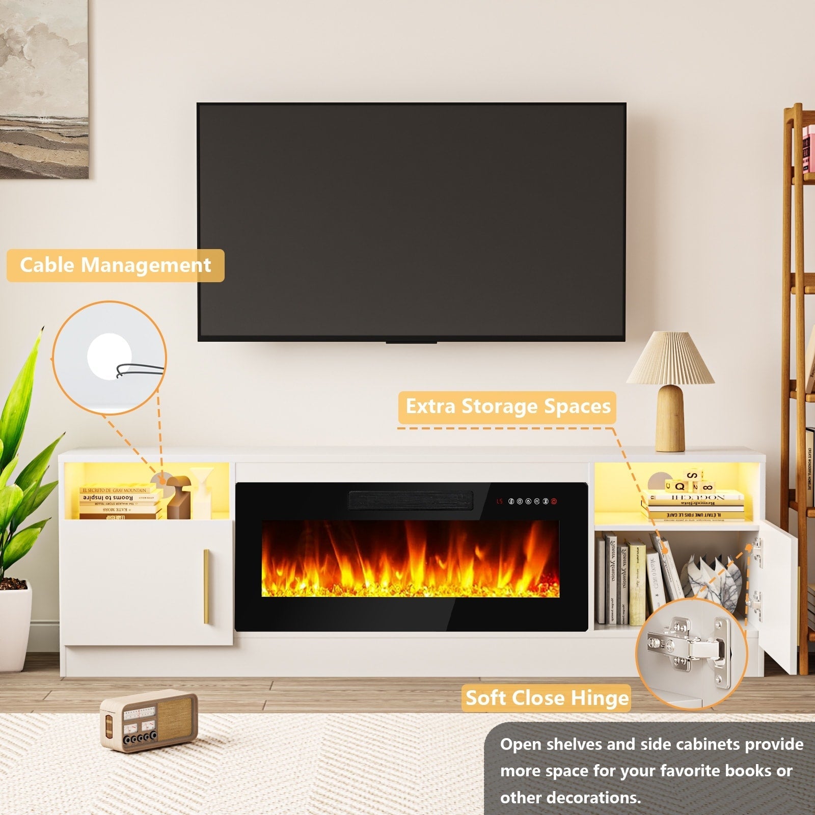 Meuble TV Bossin 70 avec cheminée électrique 36 pouces, compatible avec les téléviseurs jusqu'à 80 pouces, éclairage LED 16 couleurs/centre multimédia