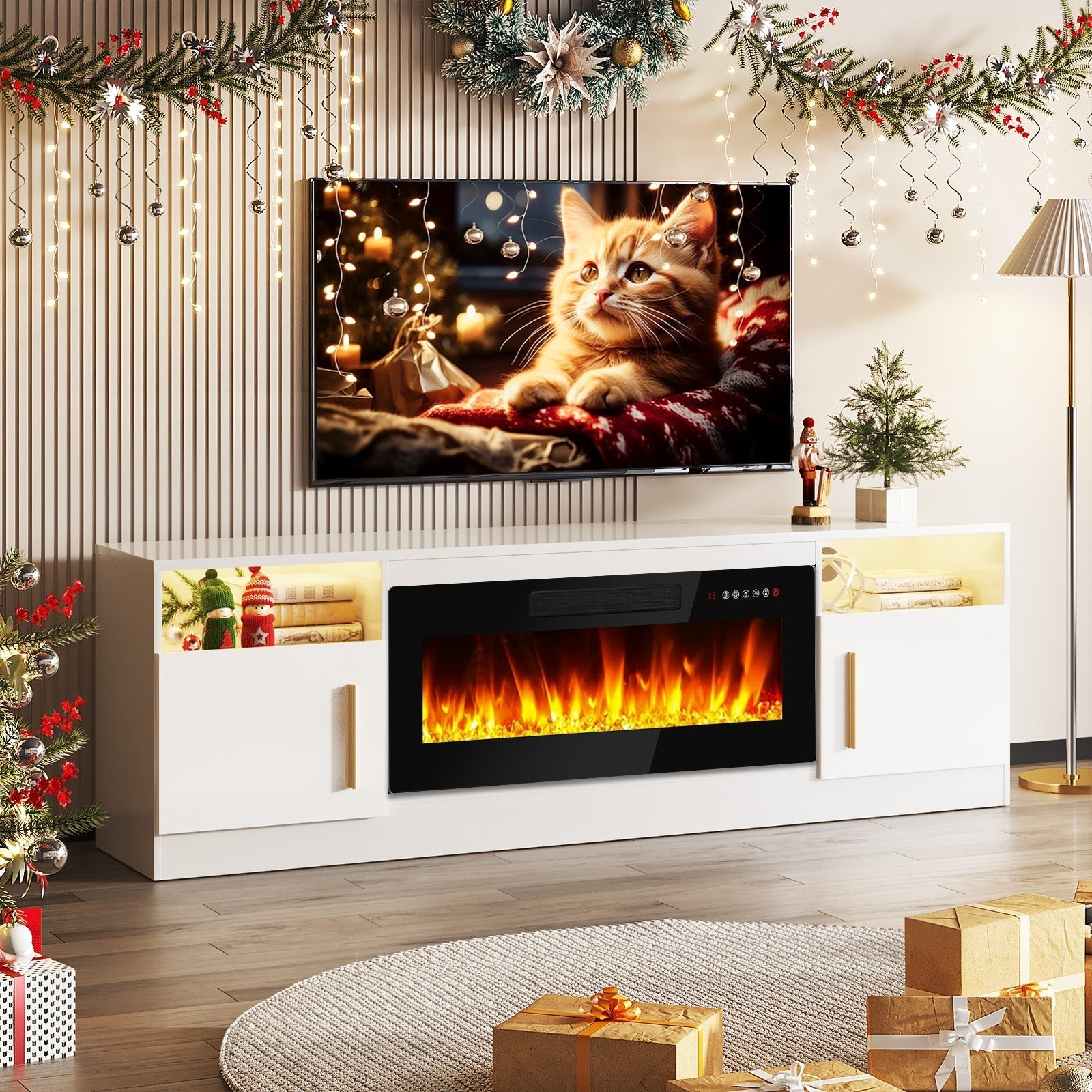 Meuble TV Bossin 70 avec cheminée électrique 36 pouces, compatible avec les téléviseurs jusqu'à 80 pouces, éclairage LED 16 couleurs/centre multimédia