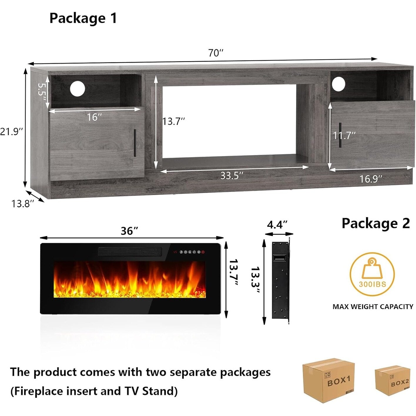 Meuble TV Bossin 70 avec cheminée électrique 36 pouces, compatible avec les téléviseurs jusqu'à 80 pouces, éclairage LED 16 couleurs/centre multimédia