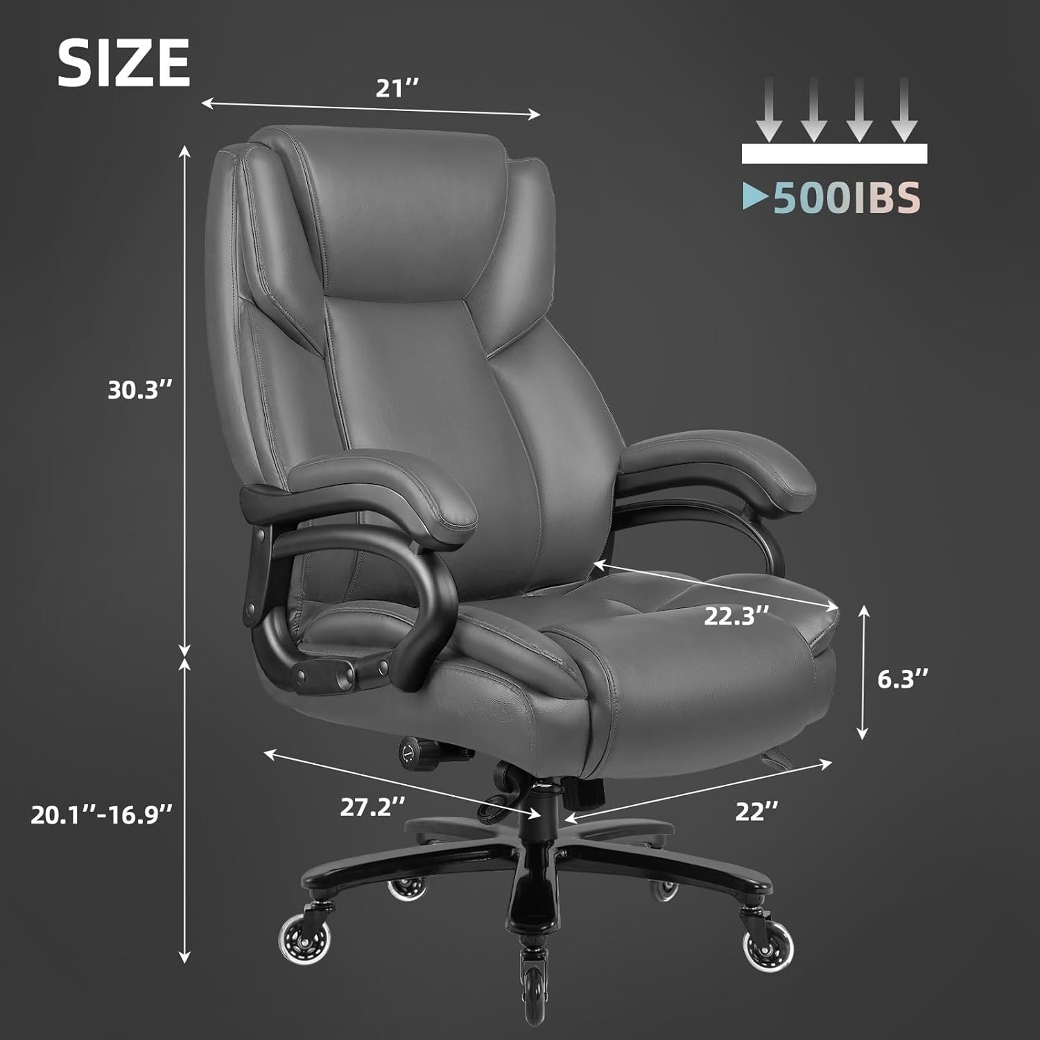 Fauteuil de bureau Bossin pour grandes et moyennes tailles, support lombaire réglable jusqu'à 227 kg, fauteuil ergonomique avec dossier haut en cuir PU pour ordinateur