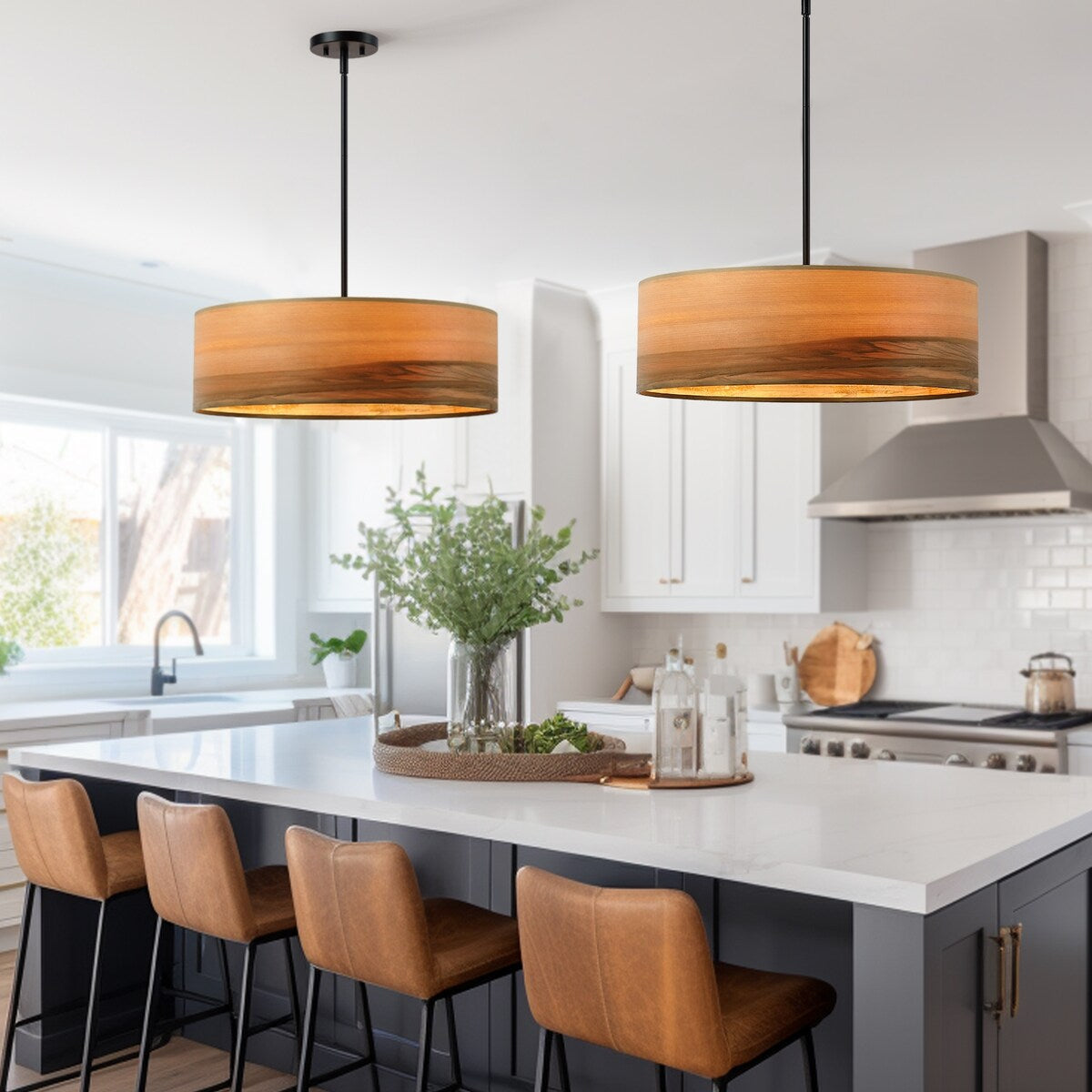 Lustre tambour Breaux à 4 lumières en placage de bois avec rosace noire - 56 cm (22 po) de largeur