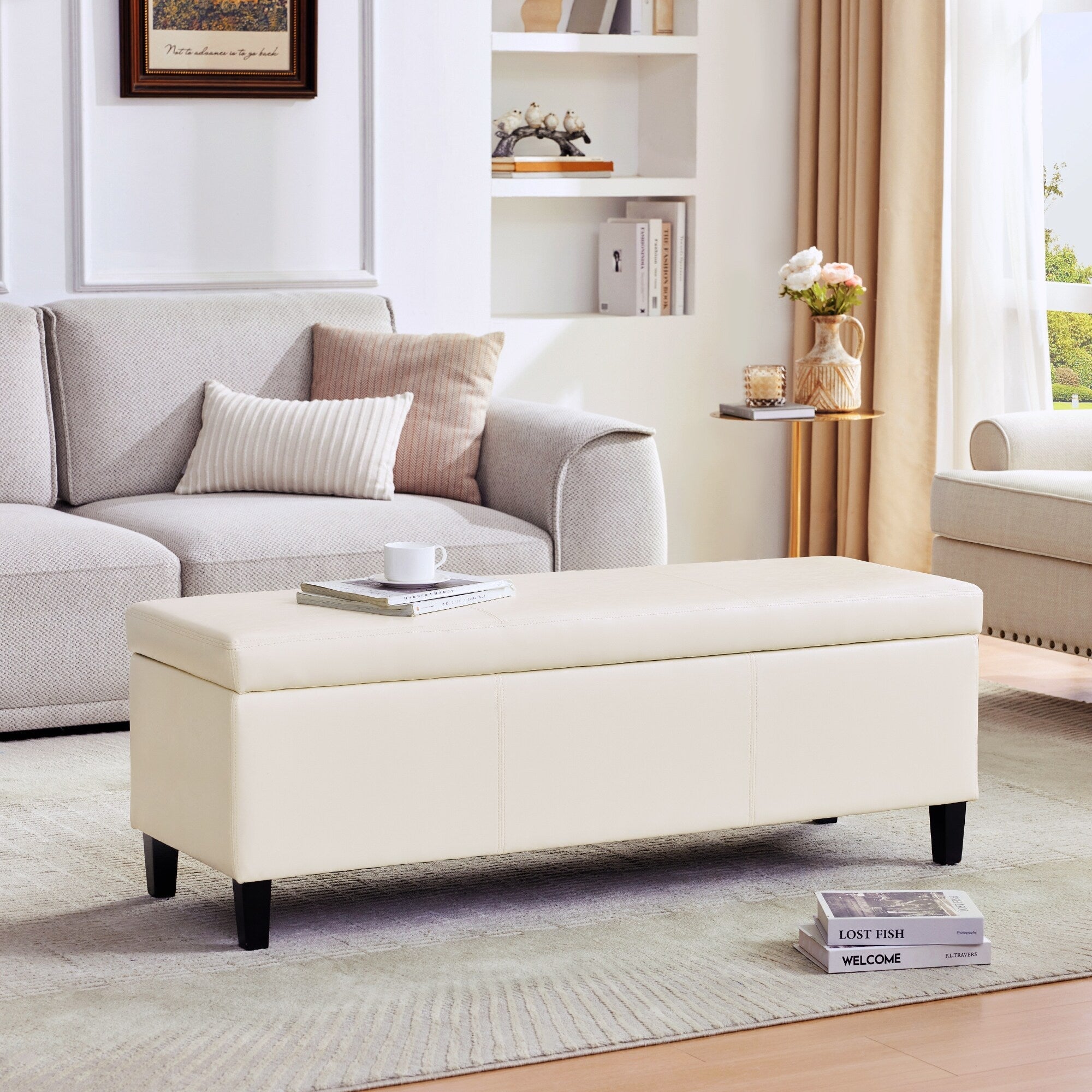 Pouf de rangement rectangulaire capitonné en similicuir (50,3 x 17,50 x 18 cm)