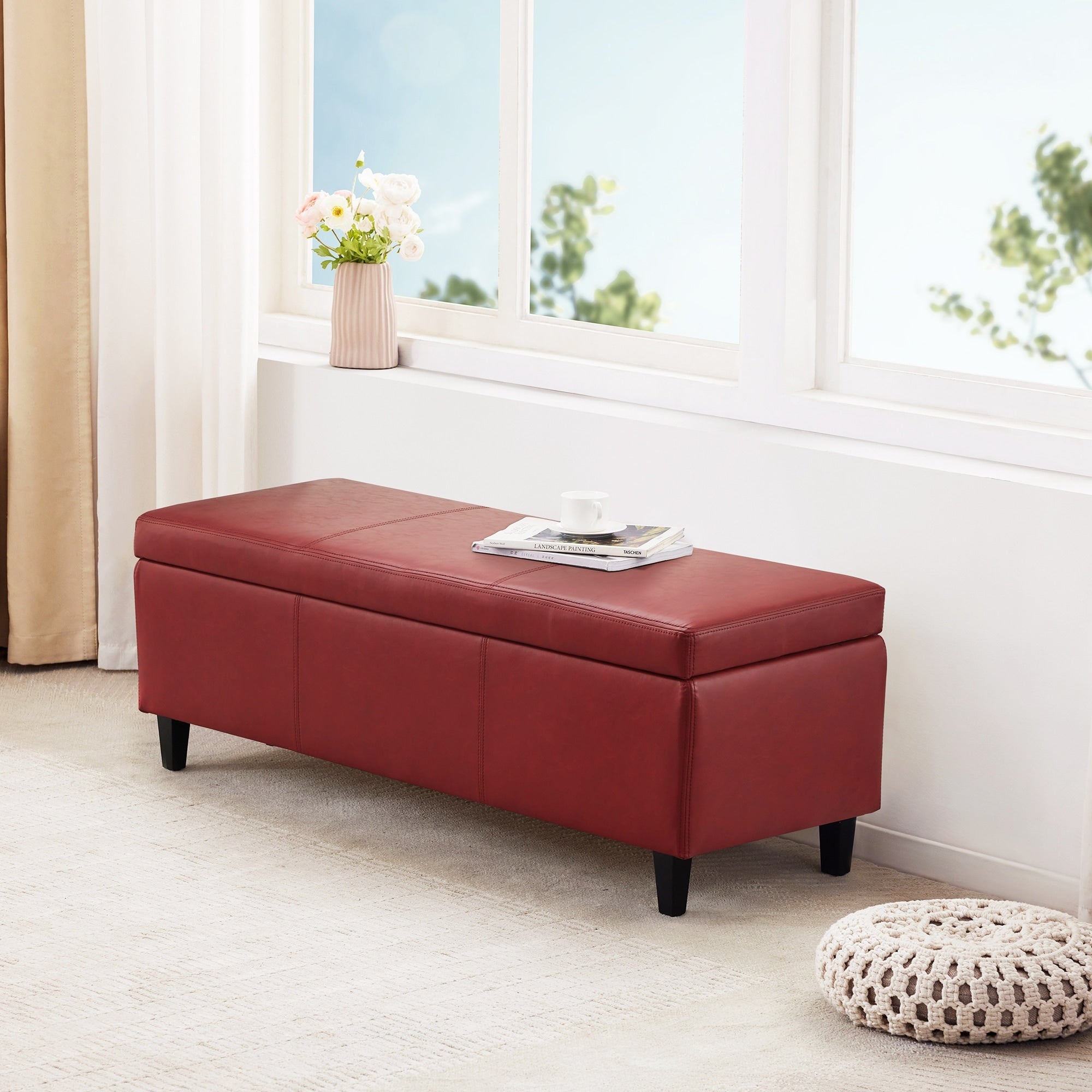 Pouf de rangement rectangulaire capitonné en similicuir (50,3 x 17,50 x 18 cm)