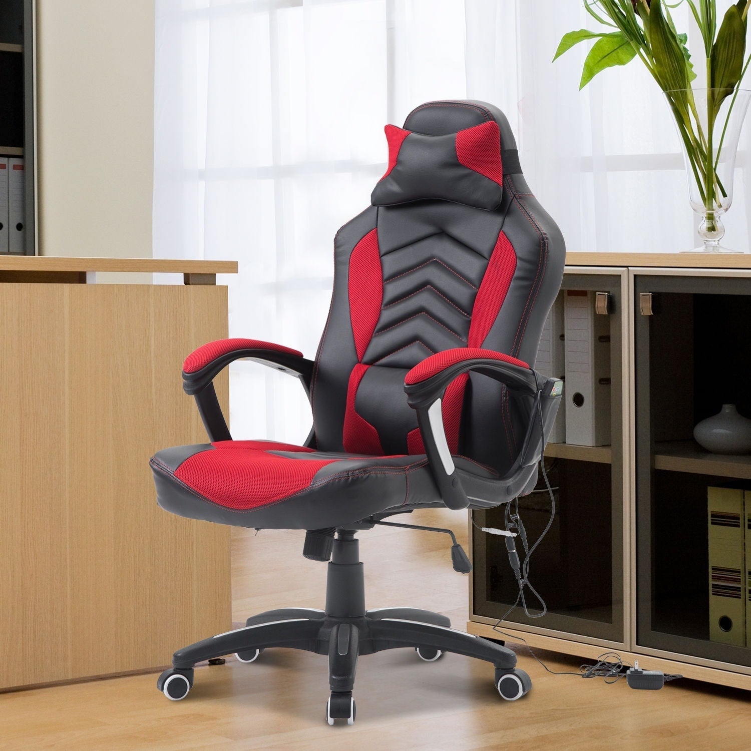 Fauteuil de jeu pour ordinateur avec 6 points de massage vibrants, 5 modes, style racing, chauffant, pivotant et à roulettes avec appui-tête.