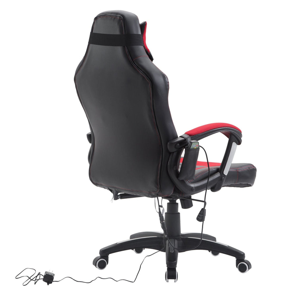 Fauteuil de jeu pour ordinateur avec 6 points de massage vibrants, 5 modes, style racing, chauffant, pivotant et à roulettes avec appui-tête.