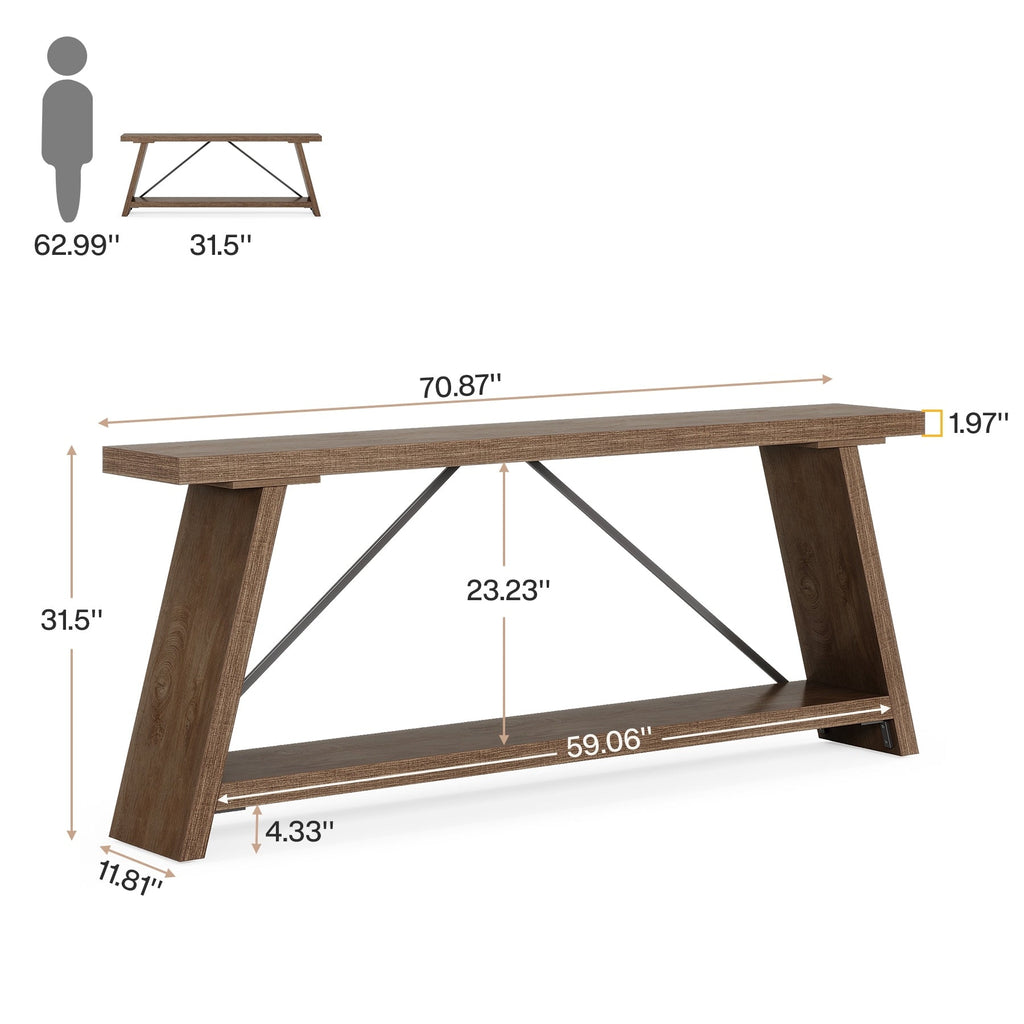 Console/table basse rustique en bois de 180 cm de long avec étagère de rangement