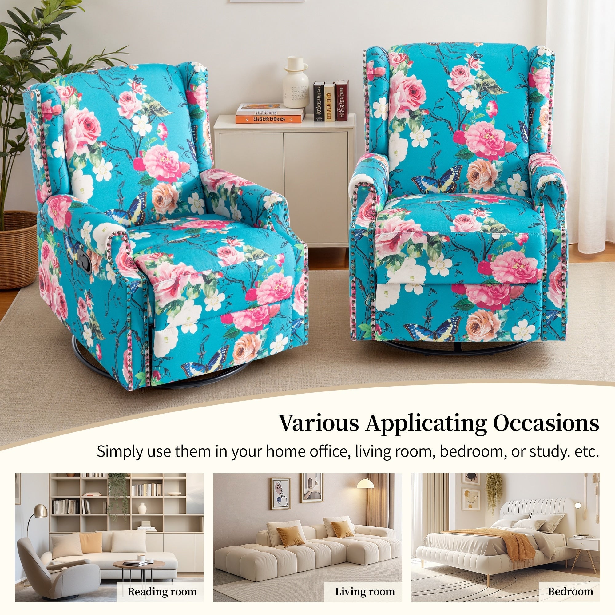 Ensemble de 2 fauteuils inclinables pivotants à bascule de 74 cm de large, à dossier inclinable manuel.