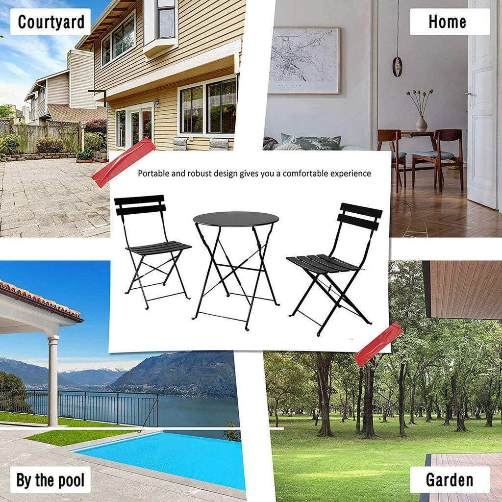 Ensemble bistro pliable en métal 3 pièces, résistant aux intempéries, idéal pour l'intérieur et l'extérieur, avec terrasse, jardin ou cour.