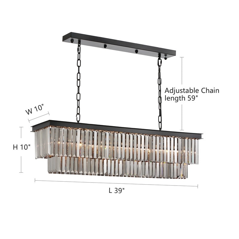 Lustre moderne contemporain en cristal gris fumé et noir à deux niveaux, suspension linéaire pour îlot de cuisine ou salle à manger, 119 cm (47 po).