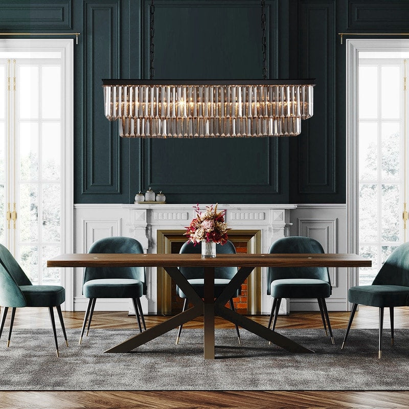 Lustre moderne contemporain en cristal gris fumé et noir à deux niveaux, suspension linéaire pour îlot de cuisine ou salle à manger, 119 cm (47 po).