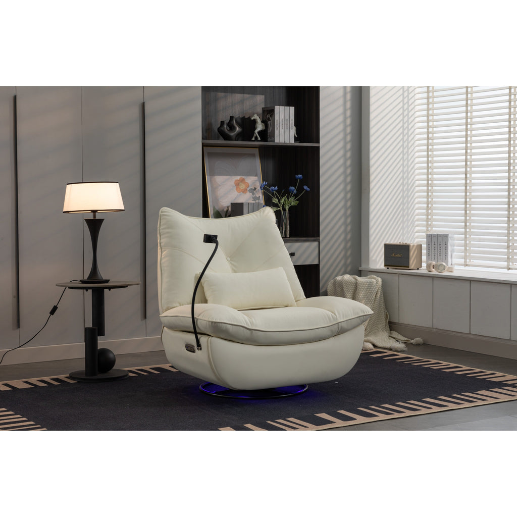 Fauteuil inclinable électrique pivotant avec haut-parleurs Bluetooth, support pour téléphone, ports de chargement USB et Type-C, rangement dissimulé dans l'accoudoir
