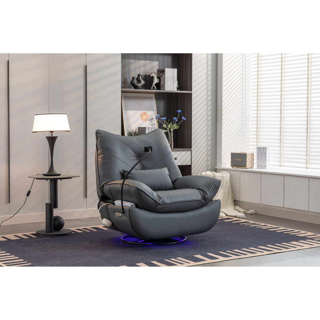 Fauteuil inclinable électrique pivotant avec haut-parleurs Bluetooth, support pour téléphone, ports de chargement USB et Type-C, rangement dissimulé dans l'accoudoir