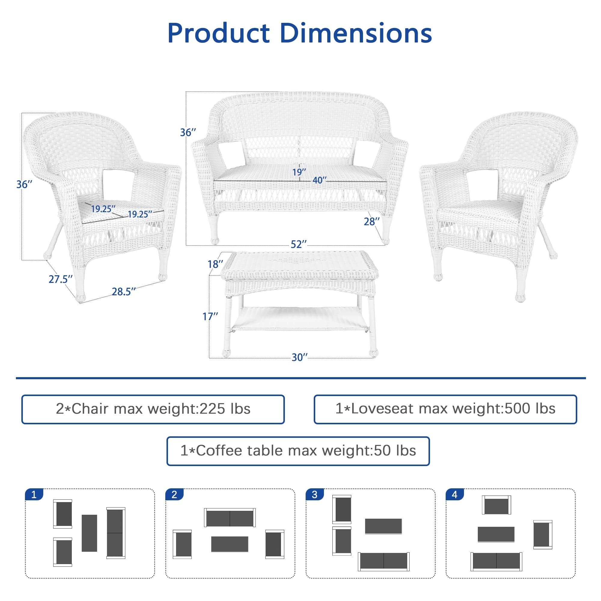 Ensemble de conversation 4 pièces en osier pour patio